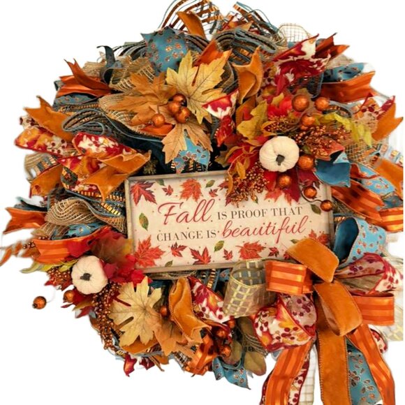 Other - Blue and Orange Pumpkin Wreath, Fall Front Door Wreath Autumn